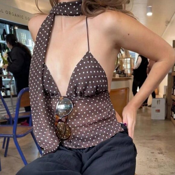 Coffee Brown Sexy Women's Polka Dot Print Lace Up Camisole Tees Tops - Picture 4 of 8